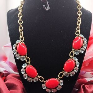 Vintage Stella And Dot Large Red Cavachons With Large Rhinestones Gold Tone